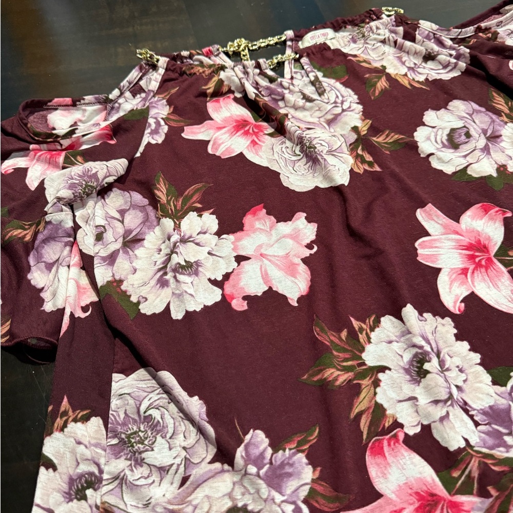 Stella Tweed Burgundy Floral Blouse Size XL